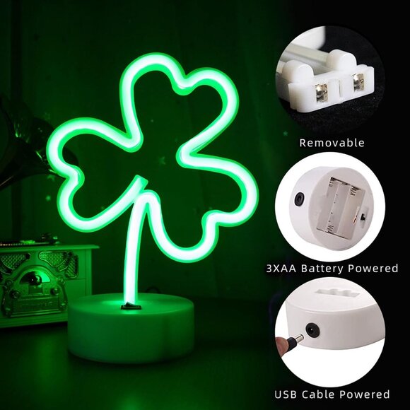 LED Neon Signs Lights Green Clover Shaped Neon Night Light USB & Battery Powered - Picture 7 of 9